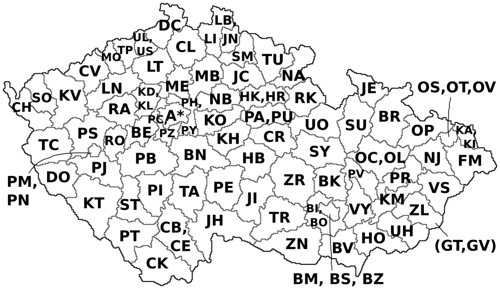 Csehország területkódjainak térképe 1993-tól Csehország területkódjainak térképe 1993-tól