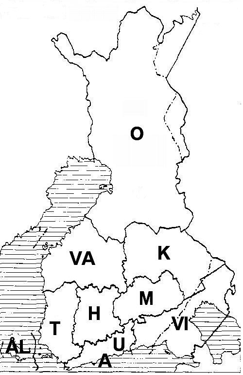 A finn tartományok területkódjai térképen 1922-től A finn tartományok területkódjai térképen 1922-től