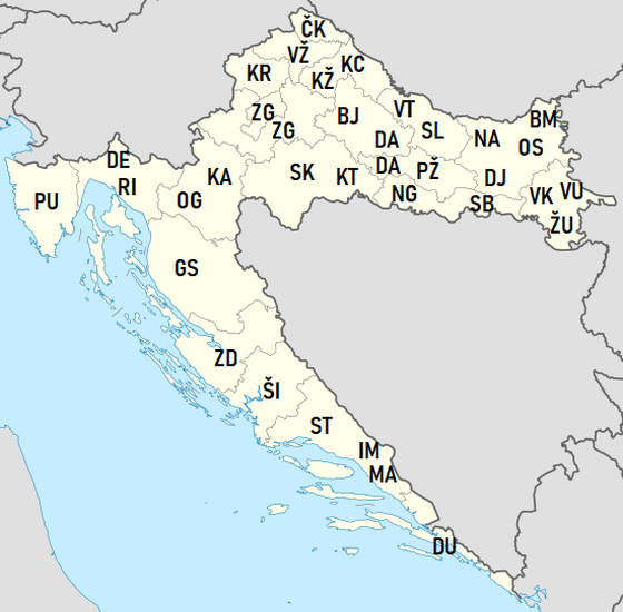 Horvát területkódok elhelyezkedése a megyékhez viszonyítva Horvát területkódok elhelyezkedése a megyékhez viszonyítva