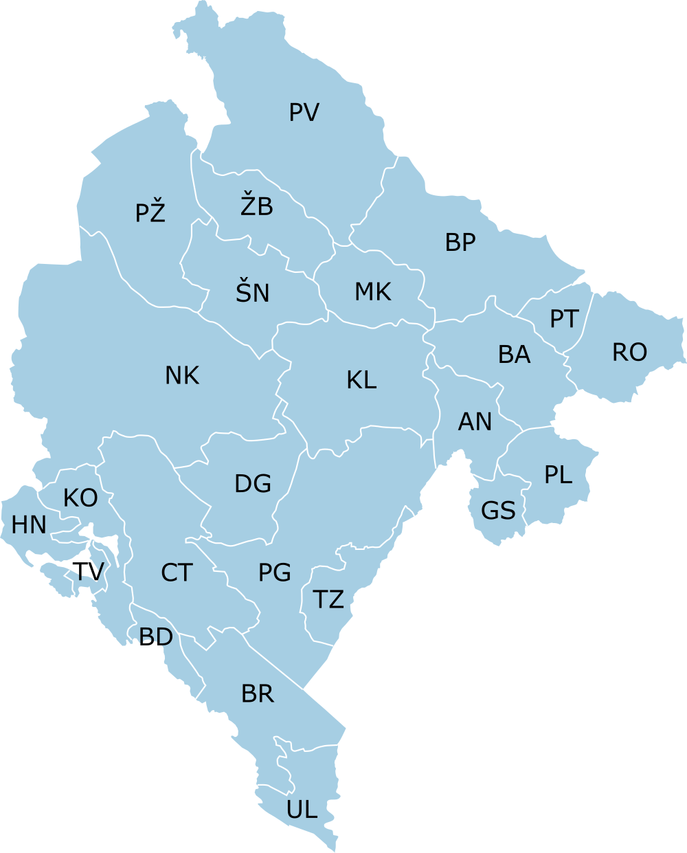 A montenegr&oacute;i ter&uuml;letk&oacute;dok ter&uuml;leti elhelyezked&eacute;se