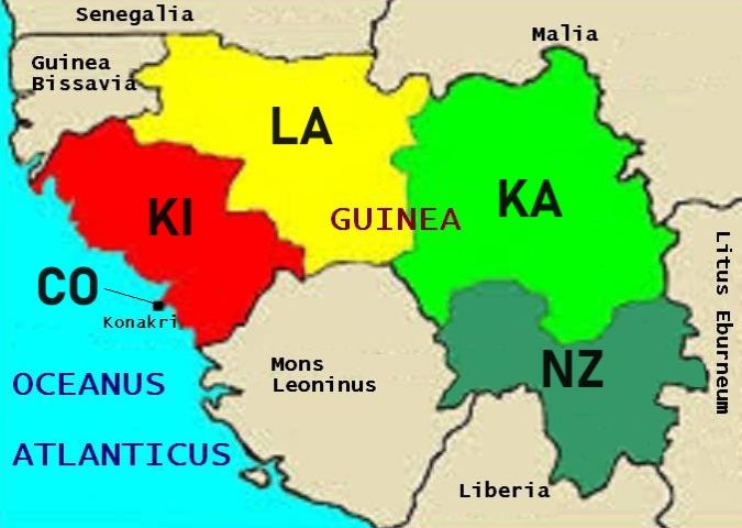 A területkódok elhelyezkedése Guinea területén 1986-tól A területkódok elhelyezkedése Guinea területén 1986-tól