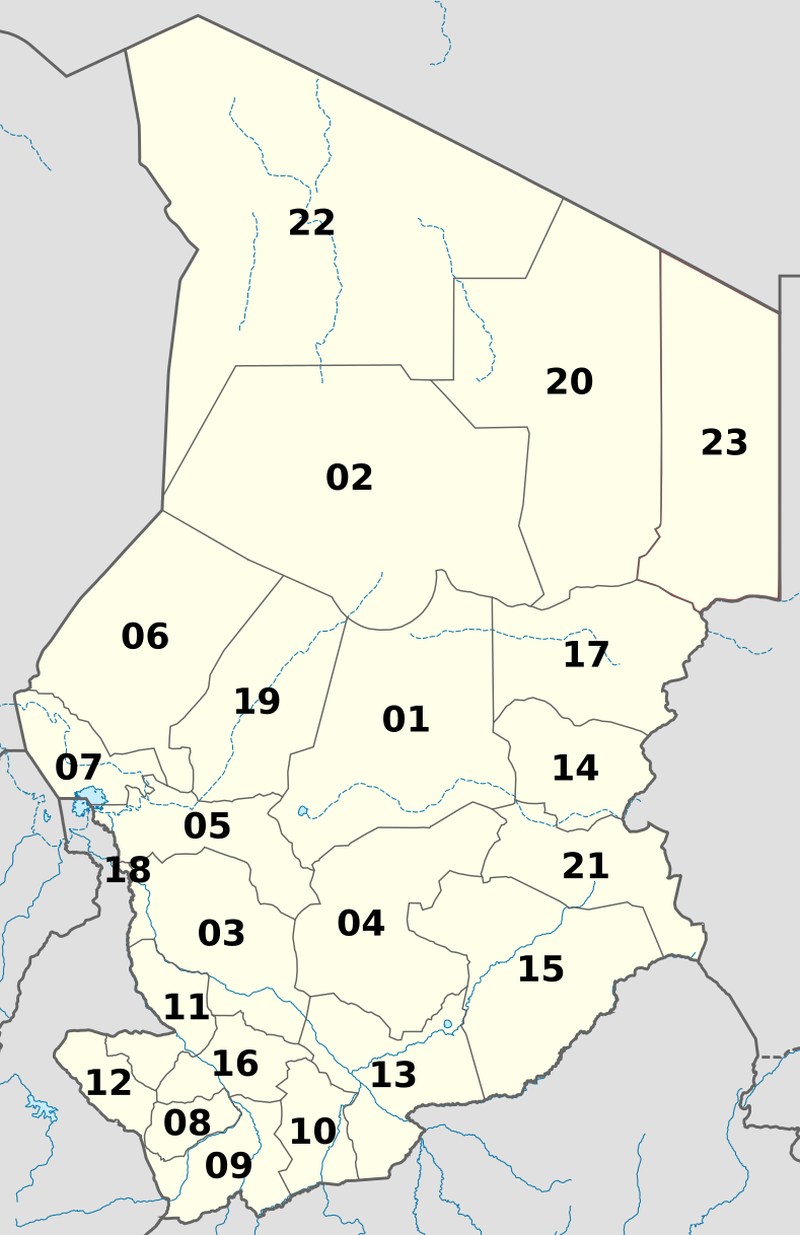 A 2001-től használt csádi területkódok elhelyezkedése A 2001-től használt csádi területkódok elhelyezkedése